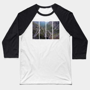 Wonderful landscapes in Norway. Vestland. Beautiful scenery of Trollstigen winding roads and valley on the Geiranger Trollstigen scenic route at midnight sun. Snowed mountains, stream Baseball T-Shirt